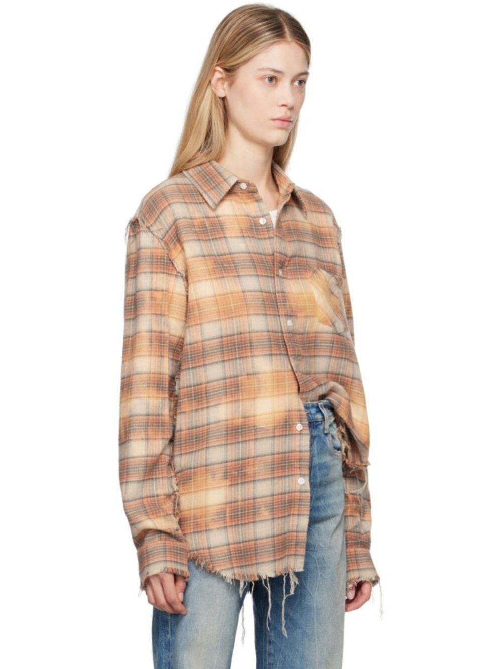 R13 NWOT Shredded Seam Bleach Orange Plaid L